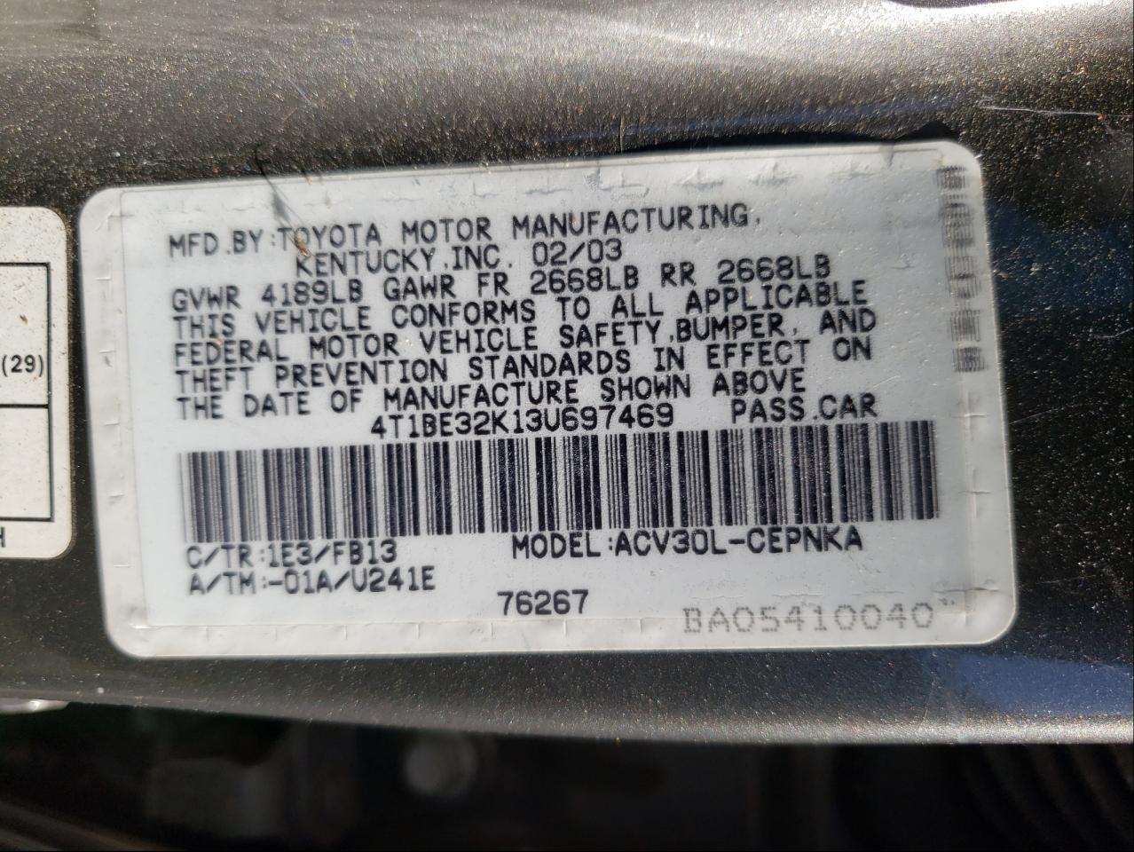 Photo 10 from auction – 2003 TOYOTA CAMRY LE with VIN 4T1BE32K13U697469
