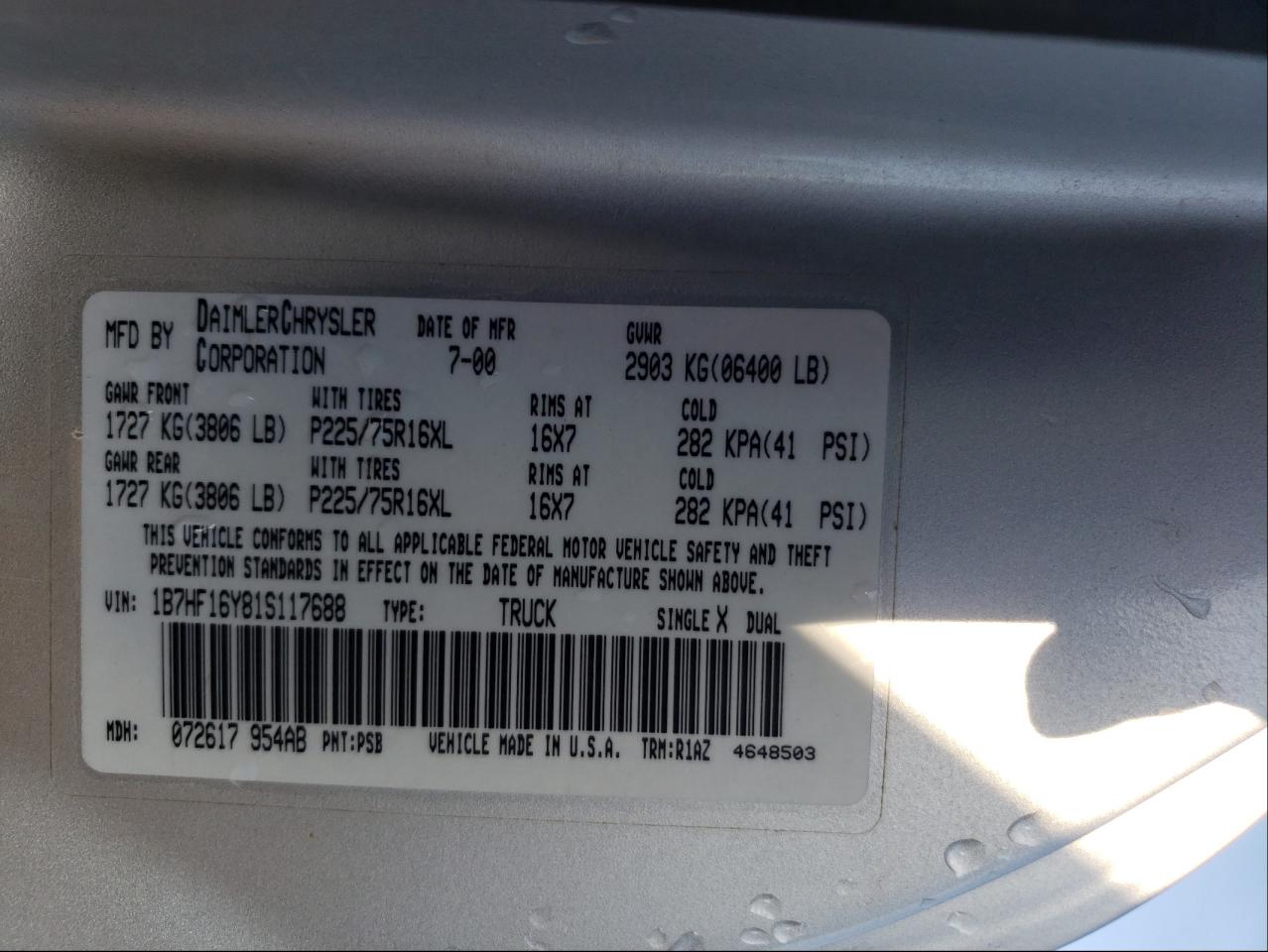Photo 10 from auction – 2001 DODGE RAM 1500 with VIN 1B7HF16Y81S117688