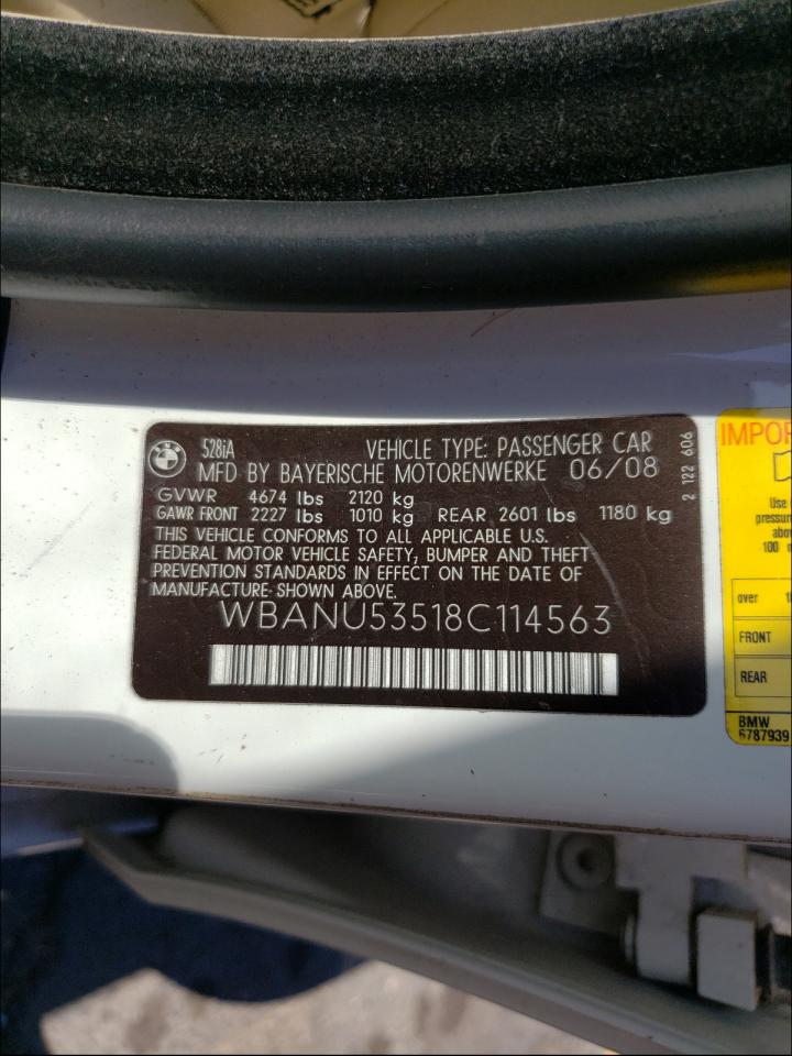 Photo 10 from auction – 2008 BMW 528 I with VIN WBANU53518C114563