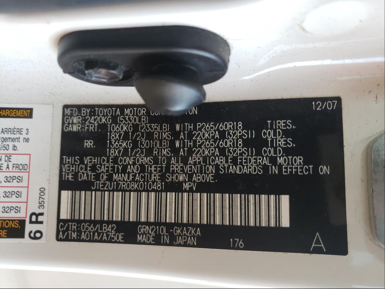 Photo 10 from auction – 2008 TOYOTA 4RUNNER LI with VIN JTEZU17R08K010481