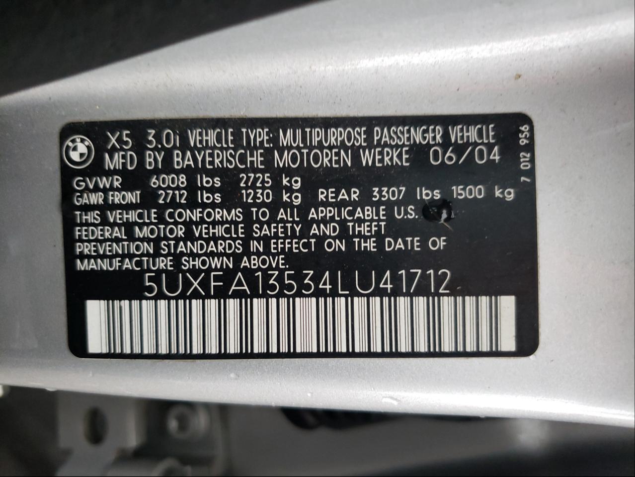 Photo 10 from auction – 2004 BMW X5 3.0I with VIN 5UXFA13534LU41712
