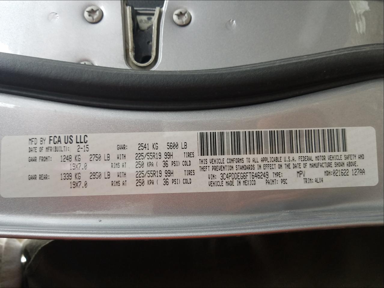 Photo 10 from auction – 2015 DODGE JOURNEY R/ with VIN 3C4PDDEG6FT646249