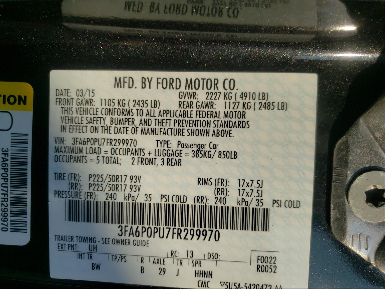 Photo 10 from auction – 2015 FORD FUSION SE with VIN 3FA6P0PU7FR299970