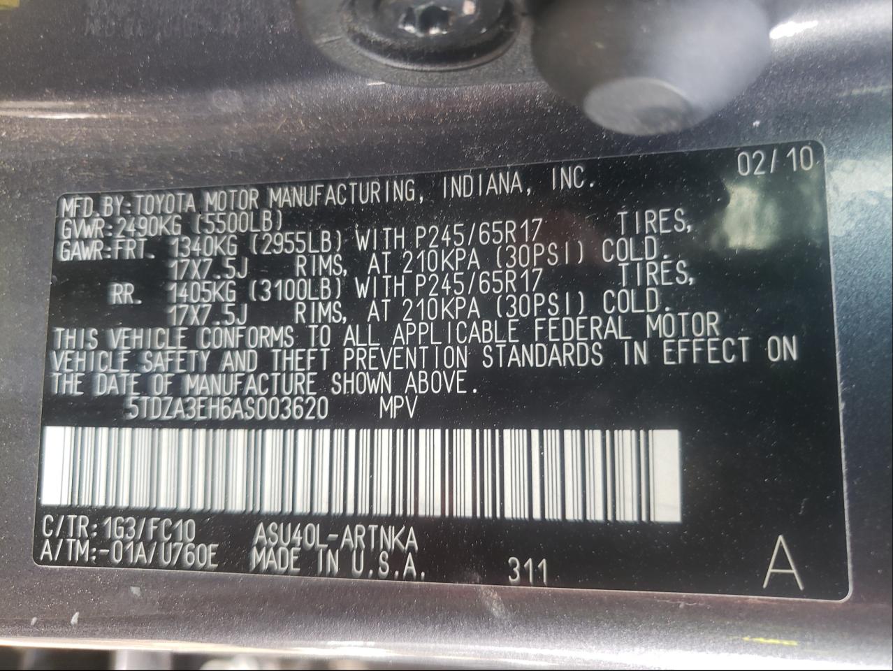 Photo 10 from auction – 2010 TOYOTA HIGHLANDER with VIN 5TDZA3EH6AS003620