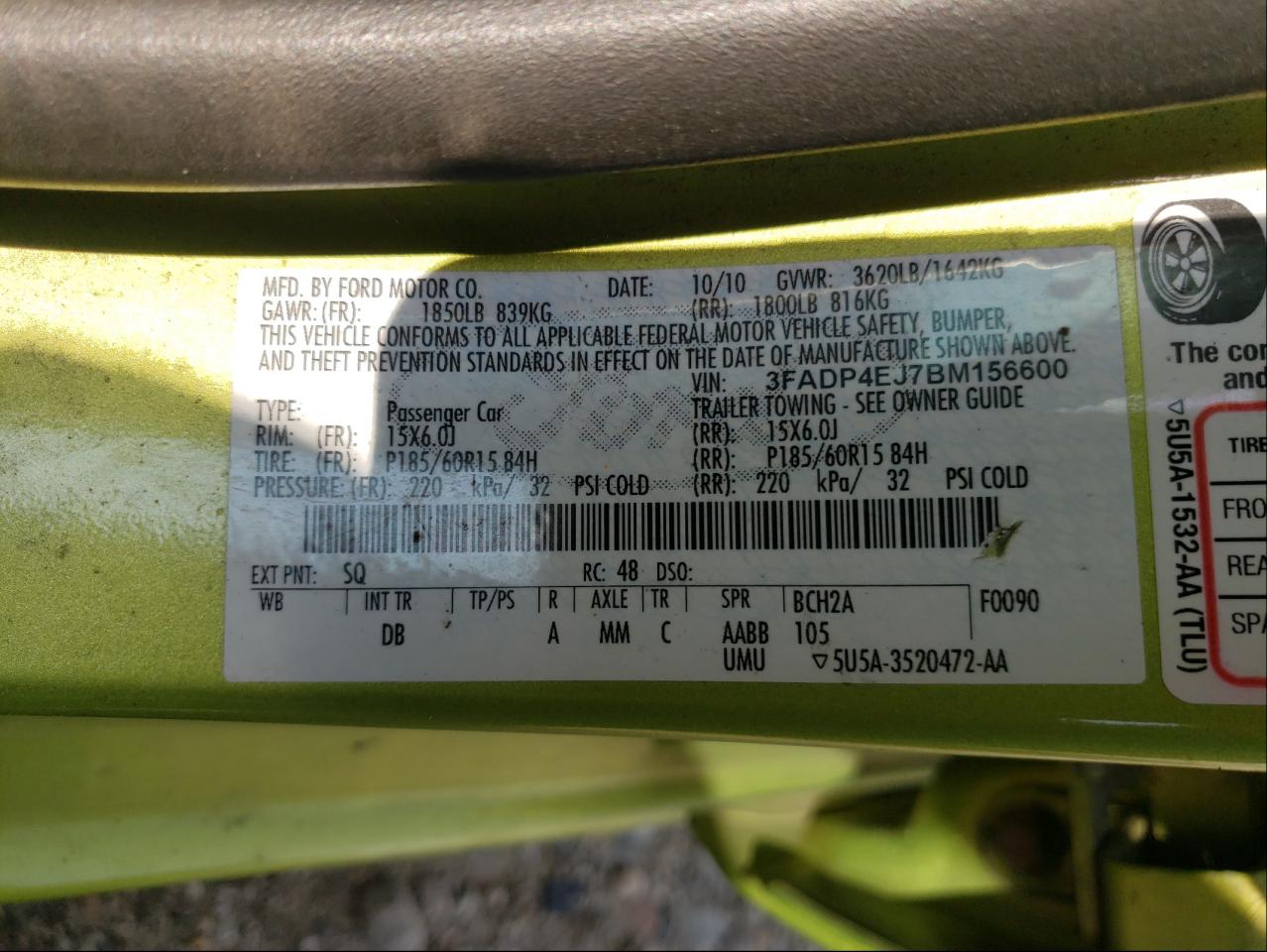 Photo 10 from auction – 2011 FORD FIESTA SE with VIN 3FADP4EJ7BM156600