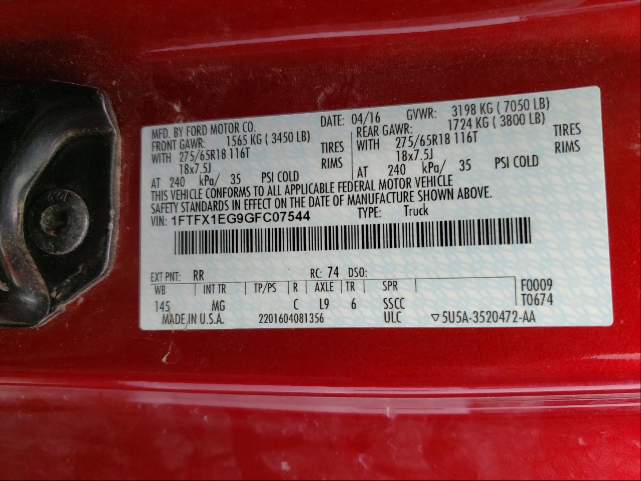 Photo 10 from auction – 2016 FORD F150 SUPER with VIN 1FTFX1EG9GFC07544