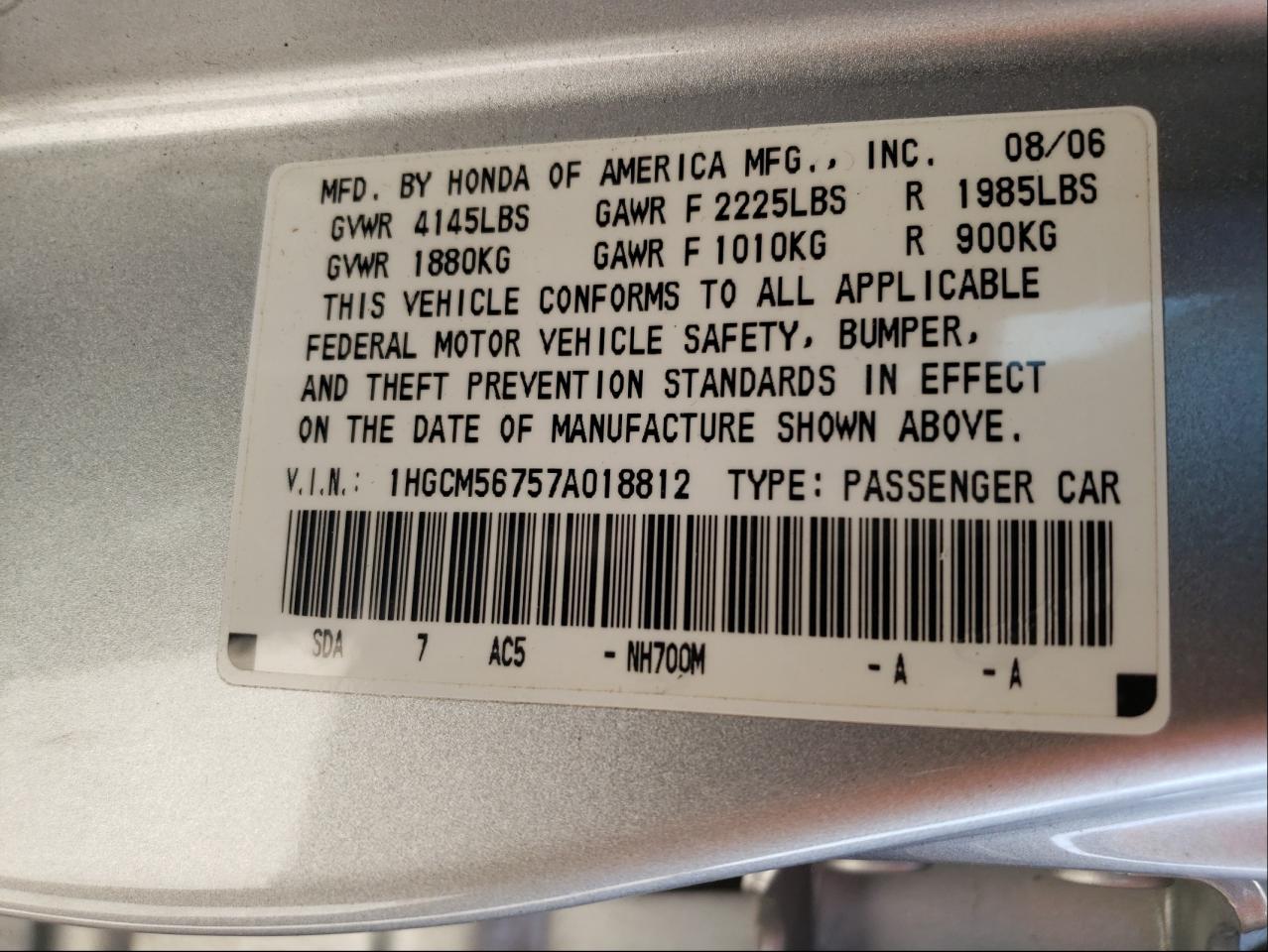 Photo 10 from auction – 2007 HONDA ACCORD EX with VIN 1HGCM56757A018812