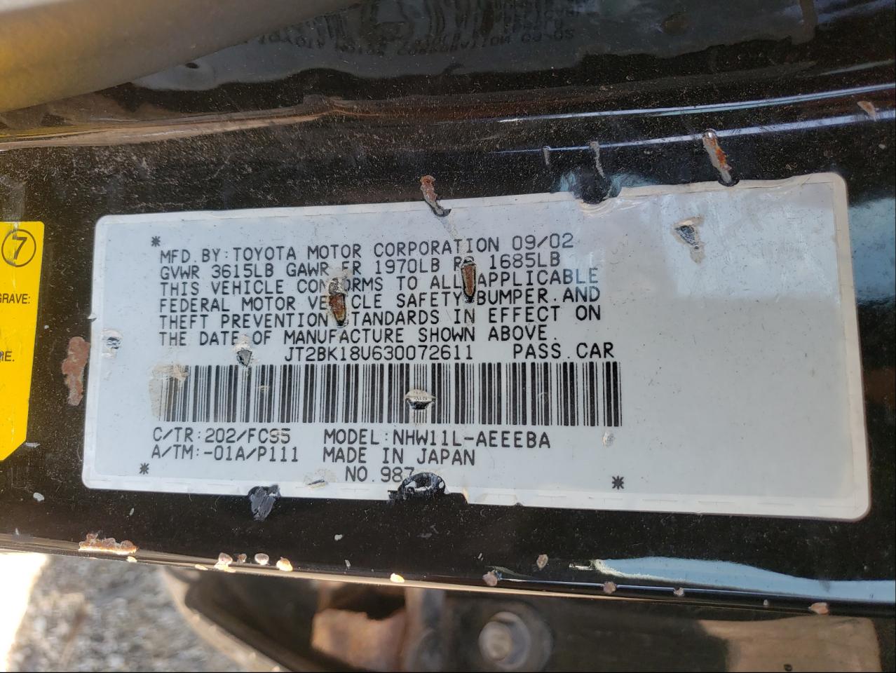 Photo 10 from auction – 2003 TOYOTA PRIUS with VIN JT2BK18U630072611
