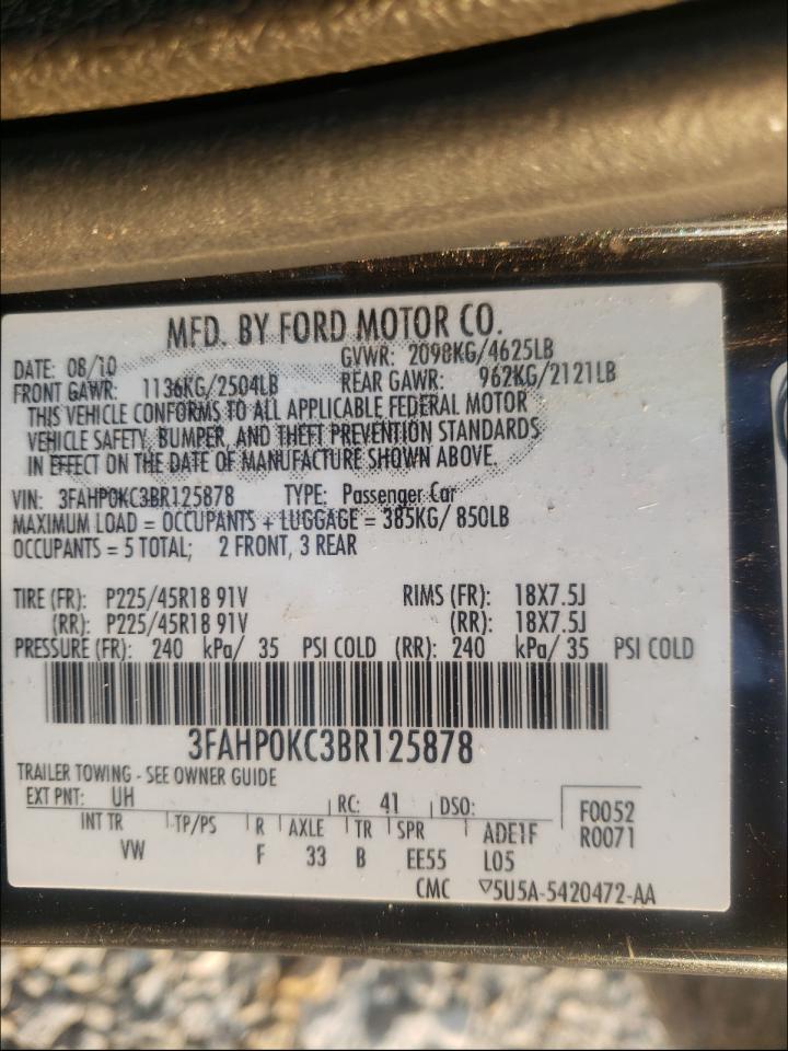 Photo 10 from auction – 2011 FORD FUSION SPO with VIN 3FAHP0KC3BR125878