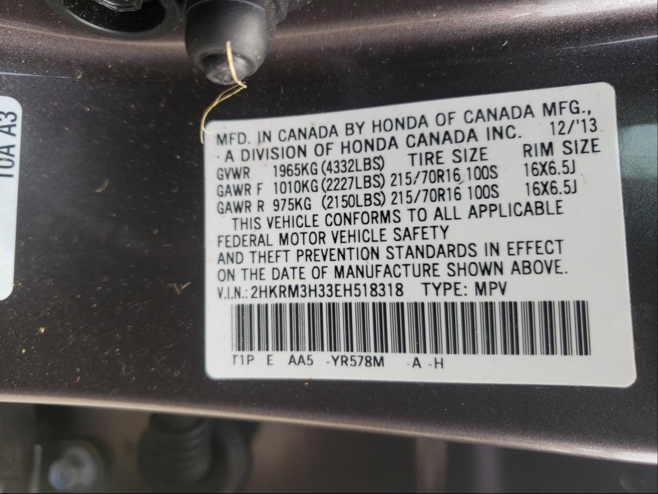 Photo 10 from auction – 2014 HONDA CR-V LX with VIN 2HKRM3H33EH518318