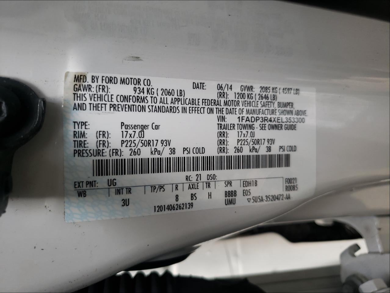 Photo 10 from auction – 2014 FORD FOCUS BEV with VIN 1FADP3R4XEL353300