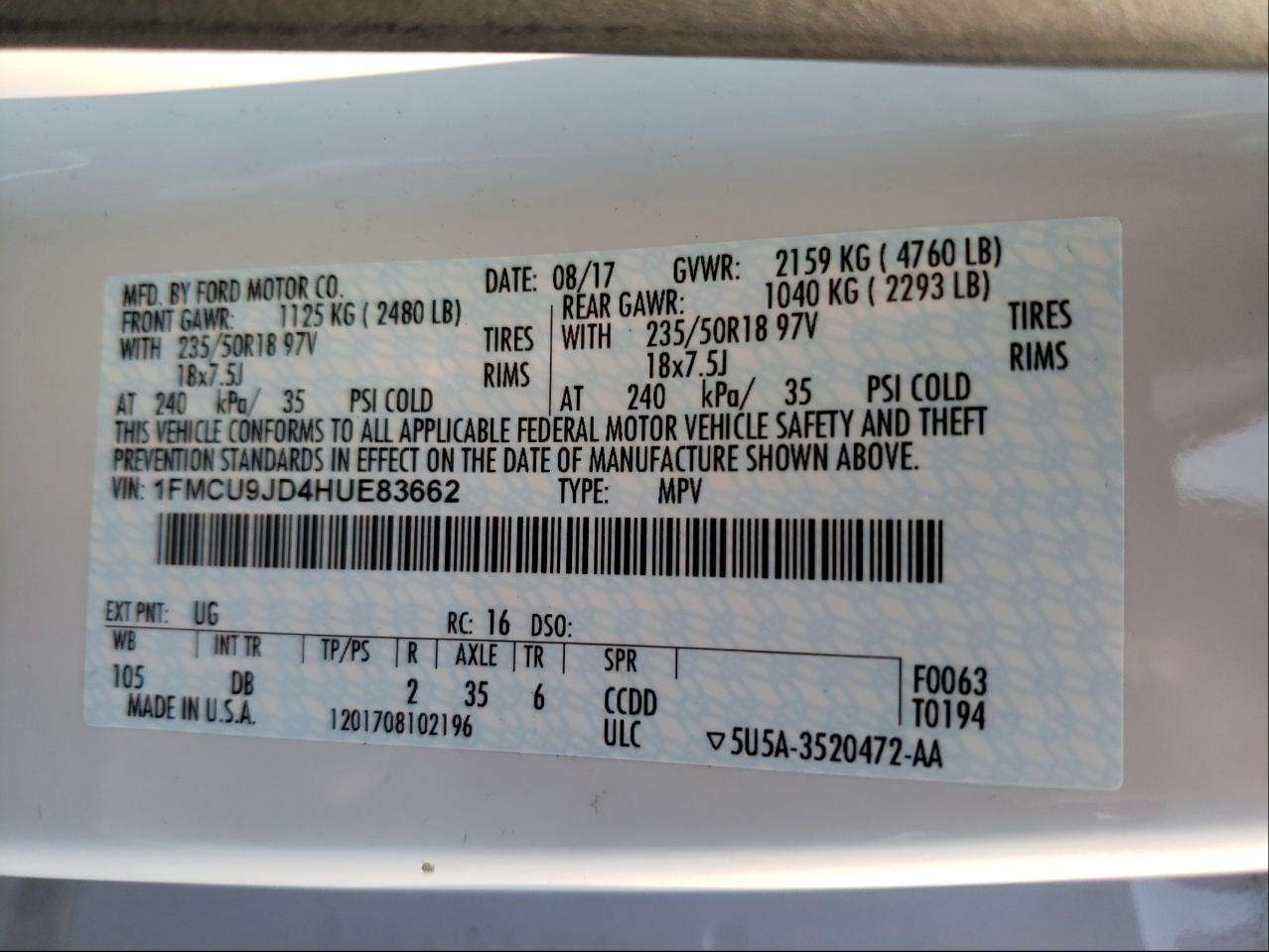 Photo 10 from auction – 2017 FORD ESCAPE TIT with VIN 1FMCU9JD4HUE83662