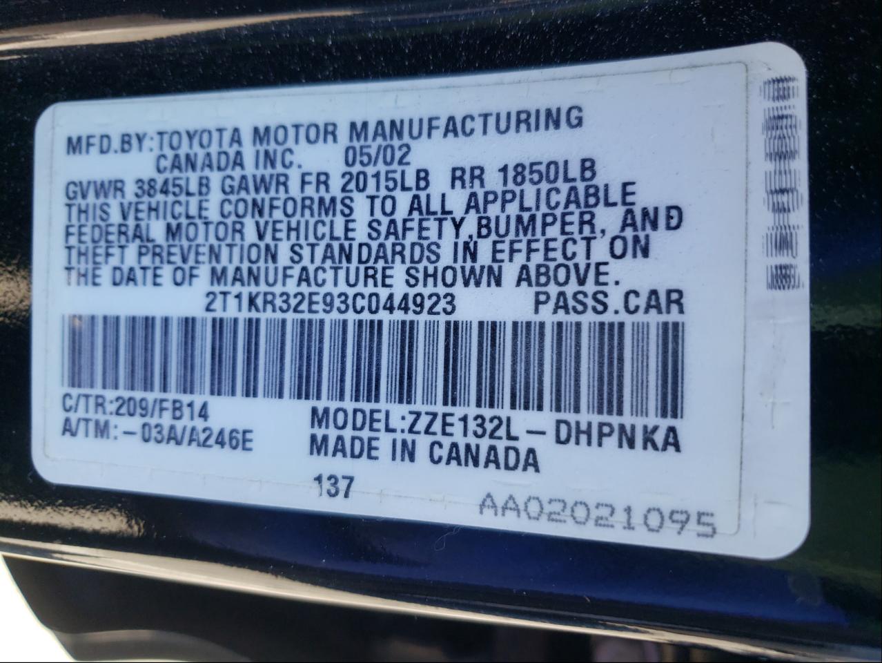 Photo 10 from auction – 2003 TOYOTA COROLLA MA with VIN 2T1KR32E93C044923