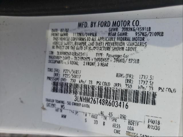 Photo 10 from auction – 2008 LINCOLN MKZ with VIN 3LNHM26T48R603416