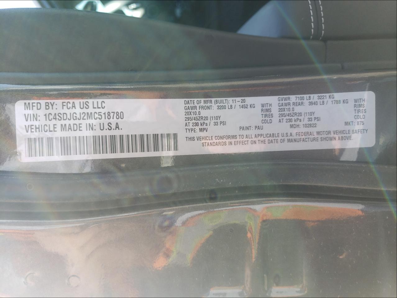 Photo 10 from auction – 2021 DODGE DURANGO SR with VIN 1C4SDJGJ2MC518780