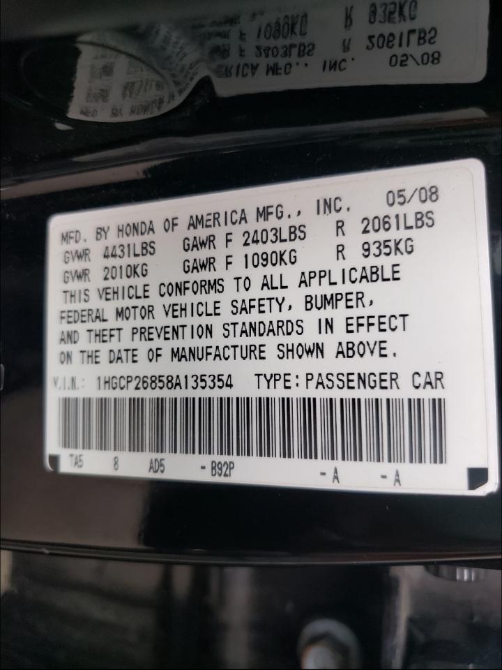 Photo 10 from auction – 2008 HONDA ACCORD EXL with VIN 1HGCP26858A135354