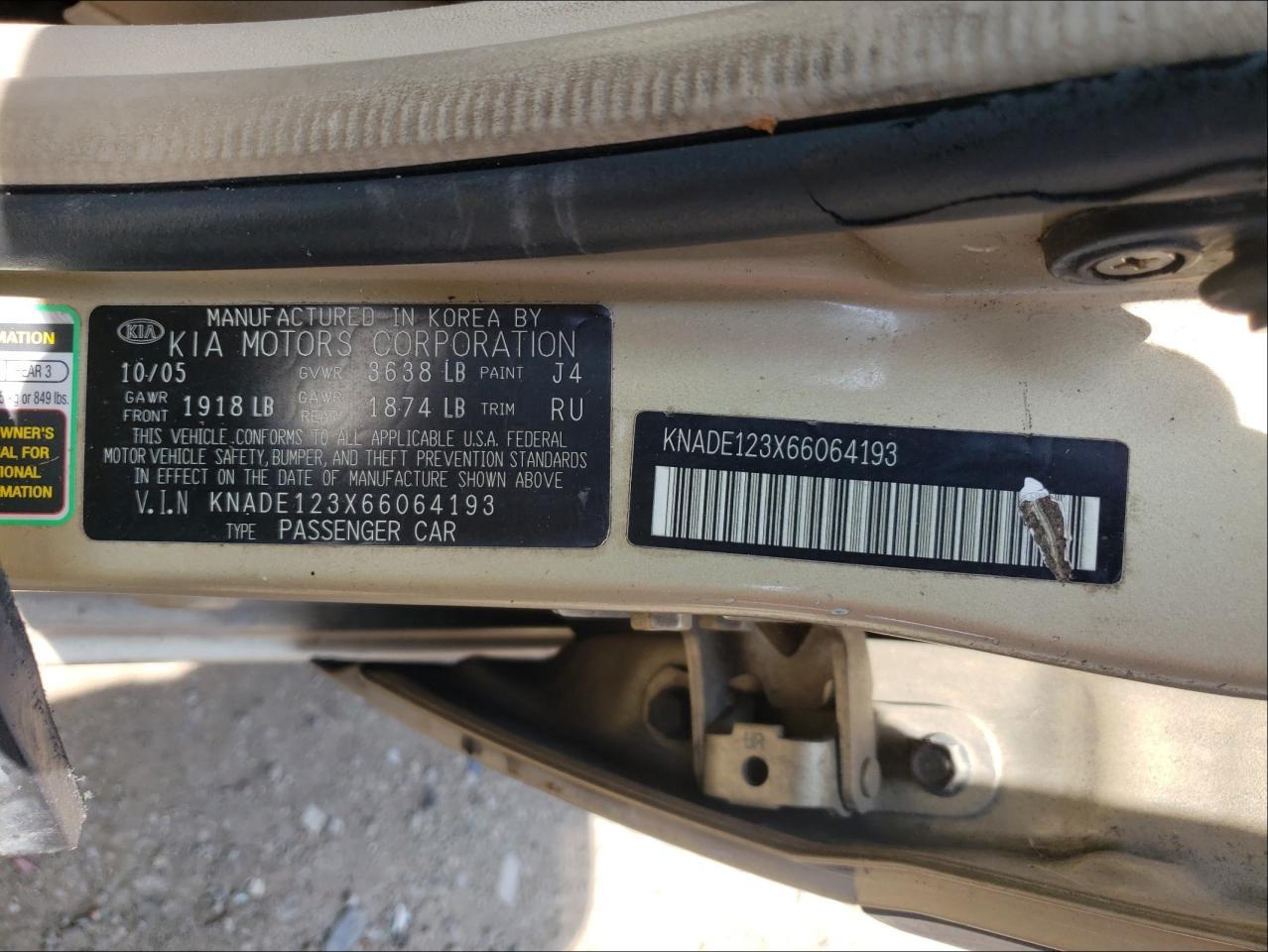 Photo 10 from auction – 2006 KIA RIO with VIN KNADE123X66064193