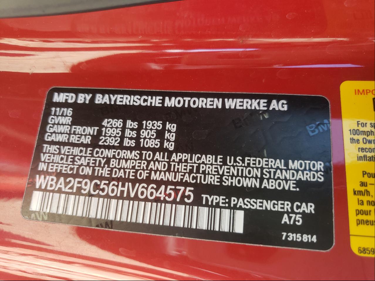 Photo 10 from auction – 2017 BMW 230I with VIN WBA2F9C56HV664575