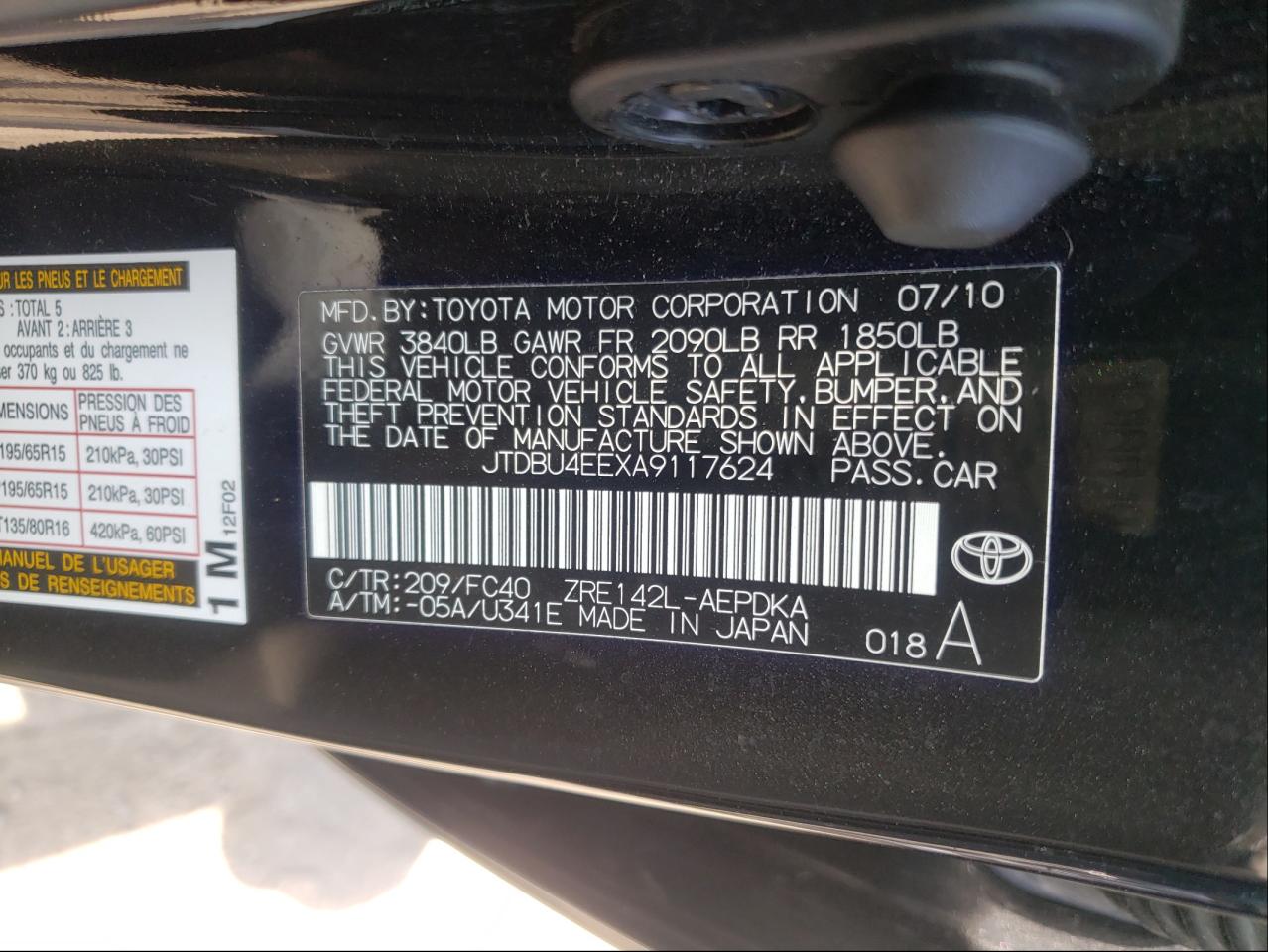 Photo 10 from auction – 2010 TOYOTA COROLLA BA with VIN JTDBU4EEXA9117624