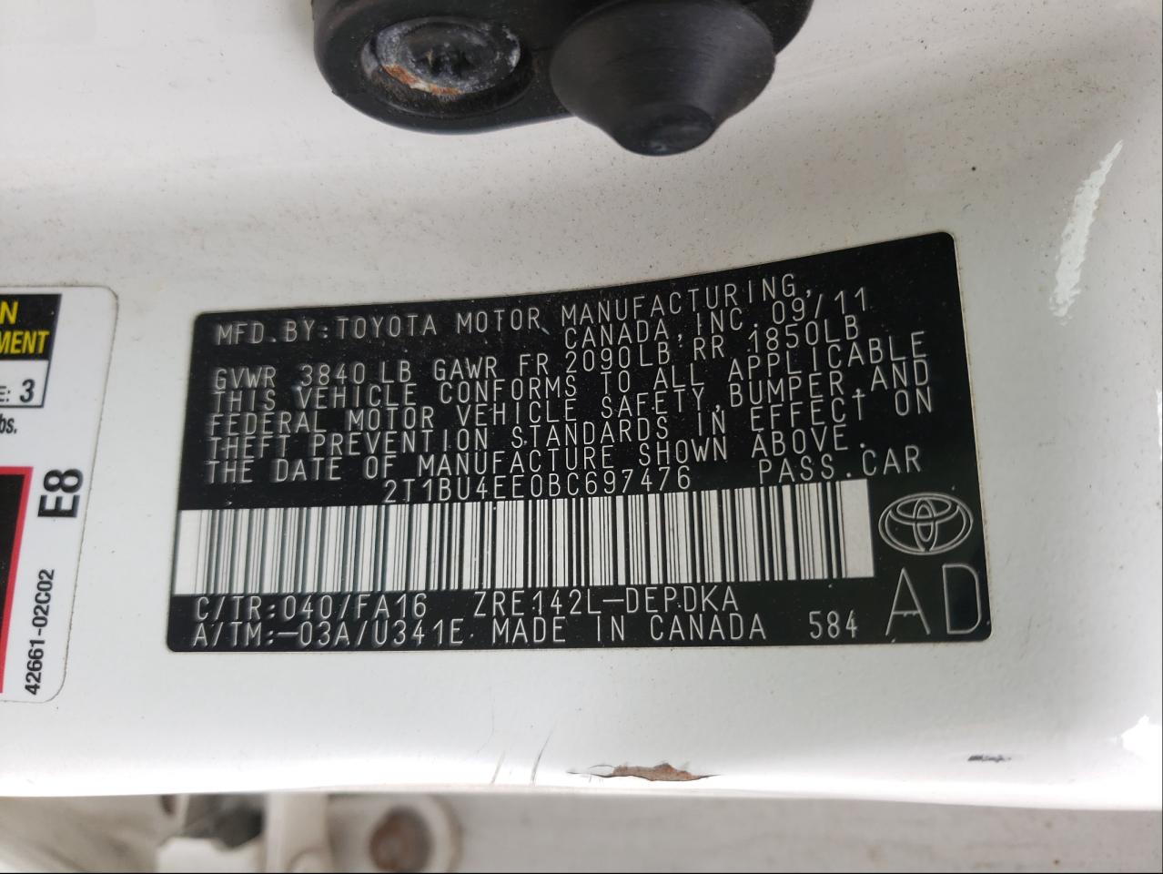 Photo 10 from auction – 2011 TOYOTA COROLLA BA with VIN 2T1BU4EE0BC697476