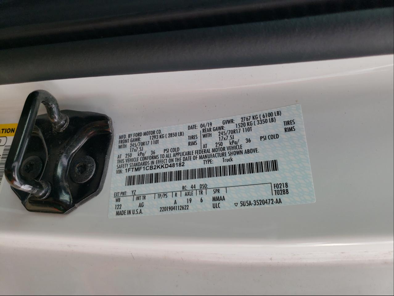 Photo 10 from auction – 2019 FORD F150 with VIN 1FTMF1CB2KKD48182