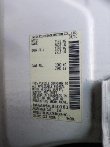 Photo 10 from auction – 2010 NISSAN MAXIMA S with VIN 1N4AA5AP8AC850183