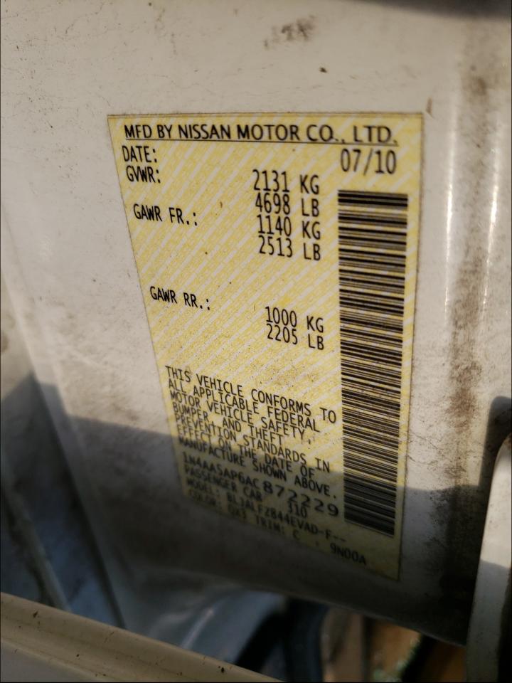 Photo 10 from auction – 2010 NISSAN MAXIMA S with VIN 1N4AA5AP6AC872229