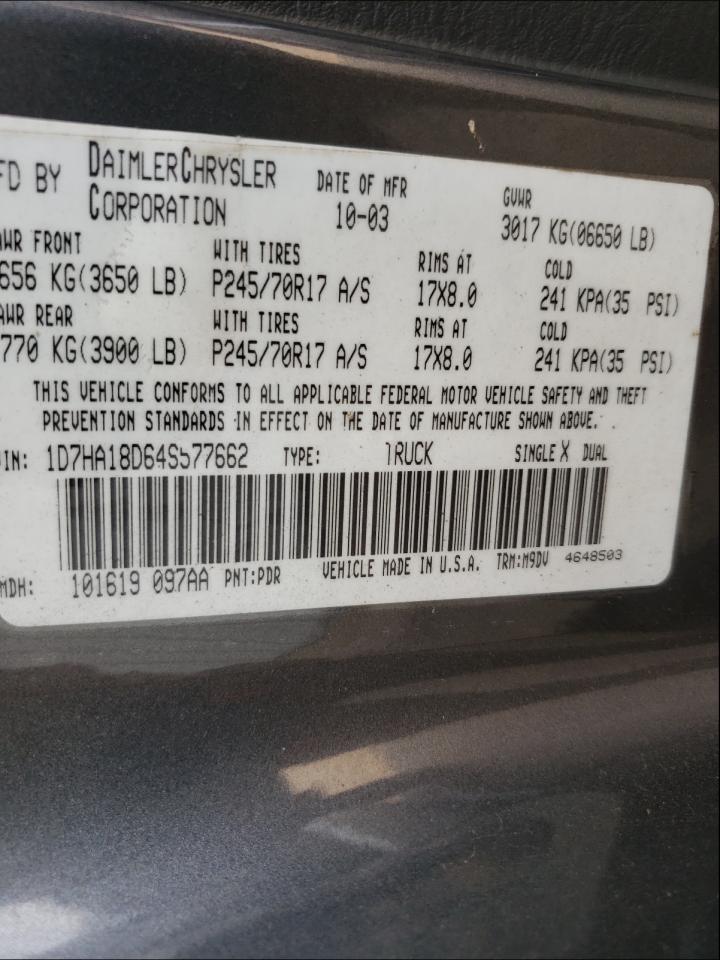 Photo 10 from auction – 2004 DODGE RAM 1500 S with VIN 1D7HA18D64S577662