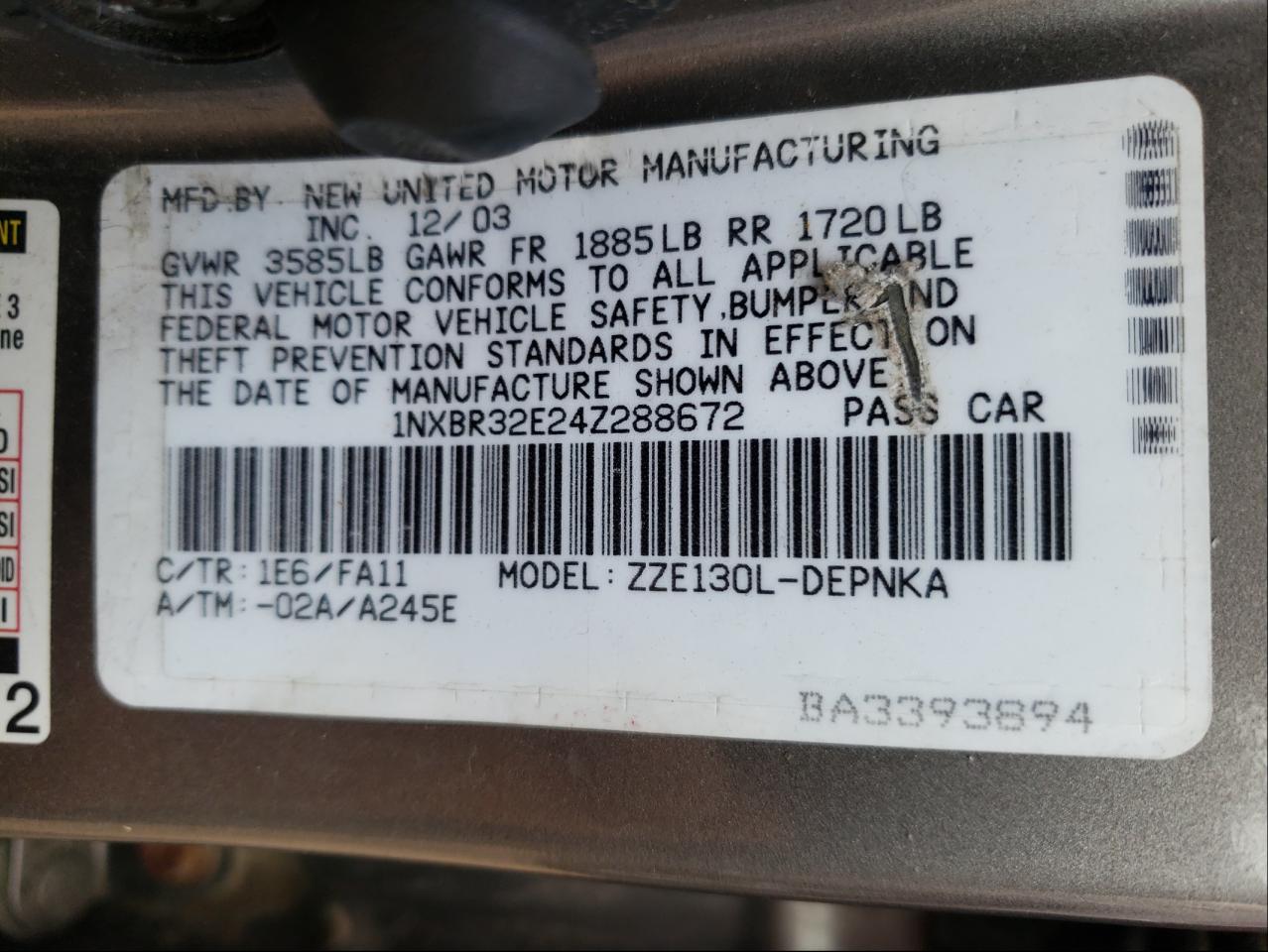 Photo 10 from auction – 2004 TOYOTA COROLLA CE with VIN 1NXBR32E24Z288672