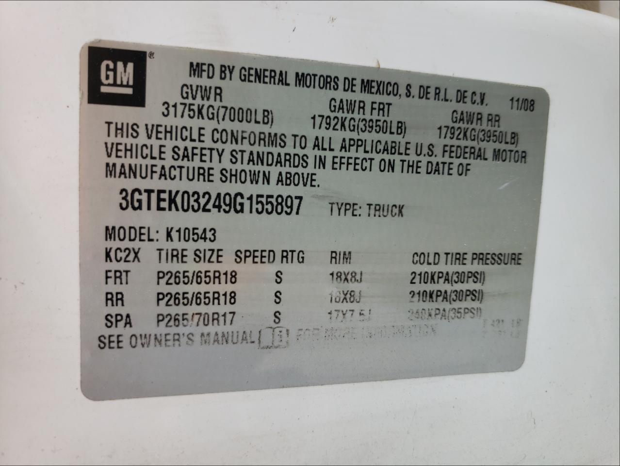 Photo 10 from auction – 2009 GMC SIERRA K15 with VIN 3GTEK03249G155897
