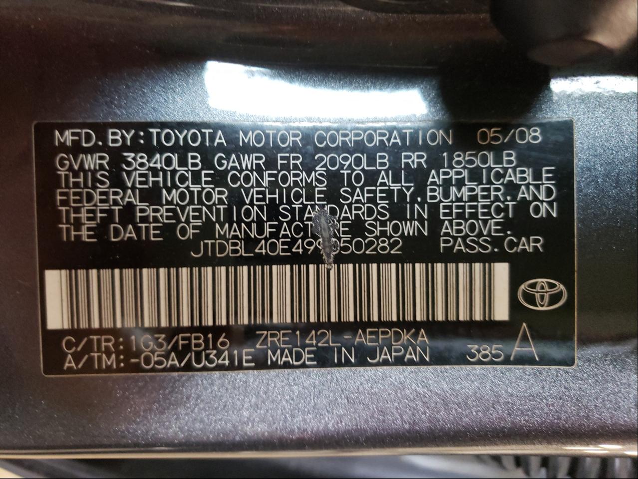 Photo 10 from auction – 2009 TOYOTA COROLLA LE with VIN JTDBL40E499050282