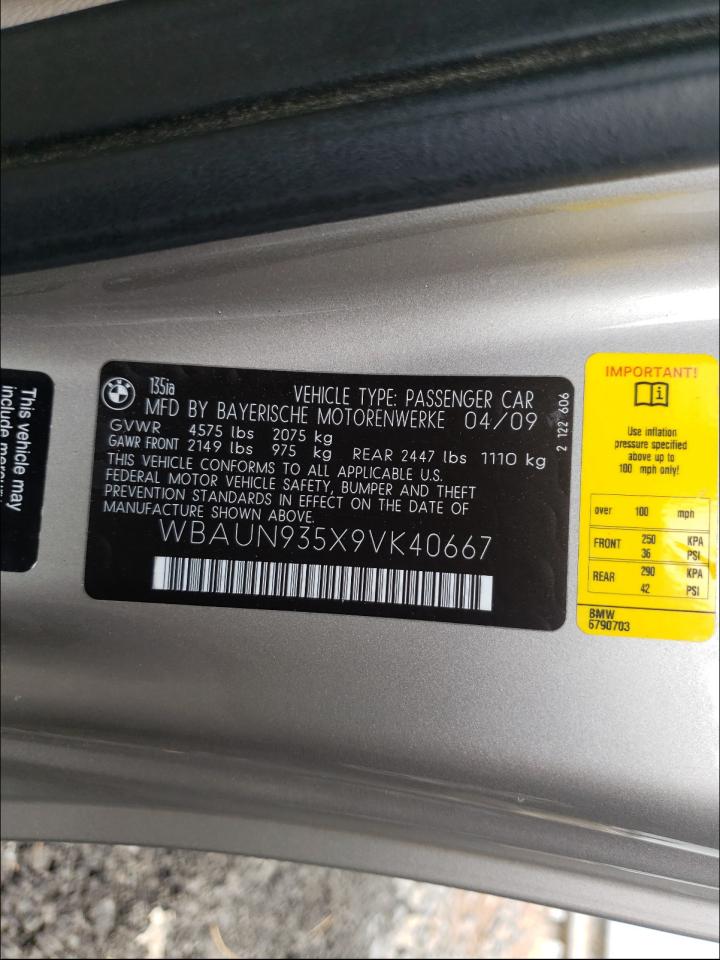 Photo 10 from auction – 2009 BMW 135 I with VIN WBAUN935X9VK40667