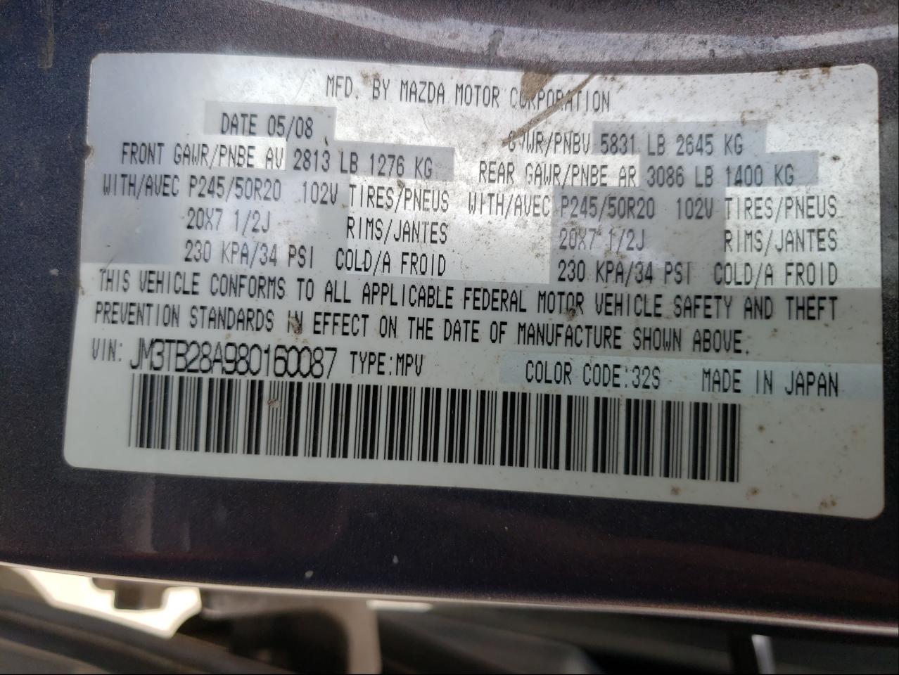 Photo 10 from auction – 2008 MAZDA CX-9 with VIN JM3TB28A980160087