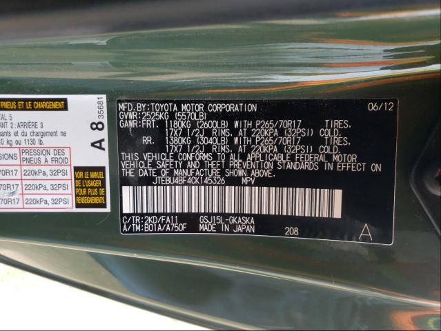 Photo 10 from auction – 2012 TOYOTA FJ CRUISER with VIN JTEBU4BF4CK145326