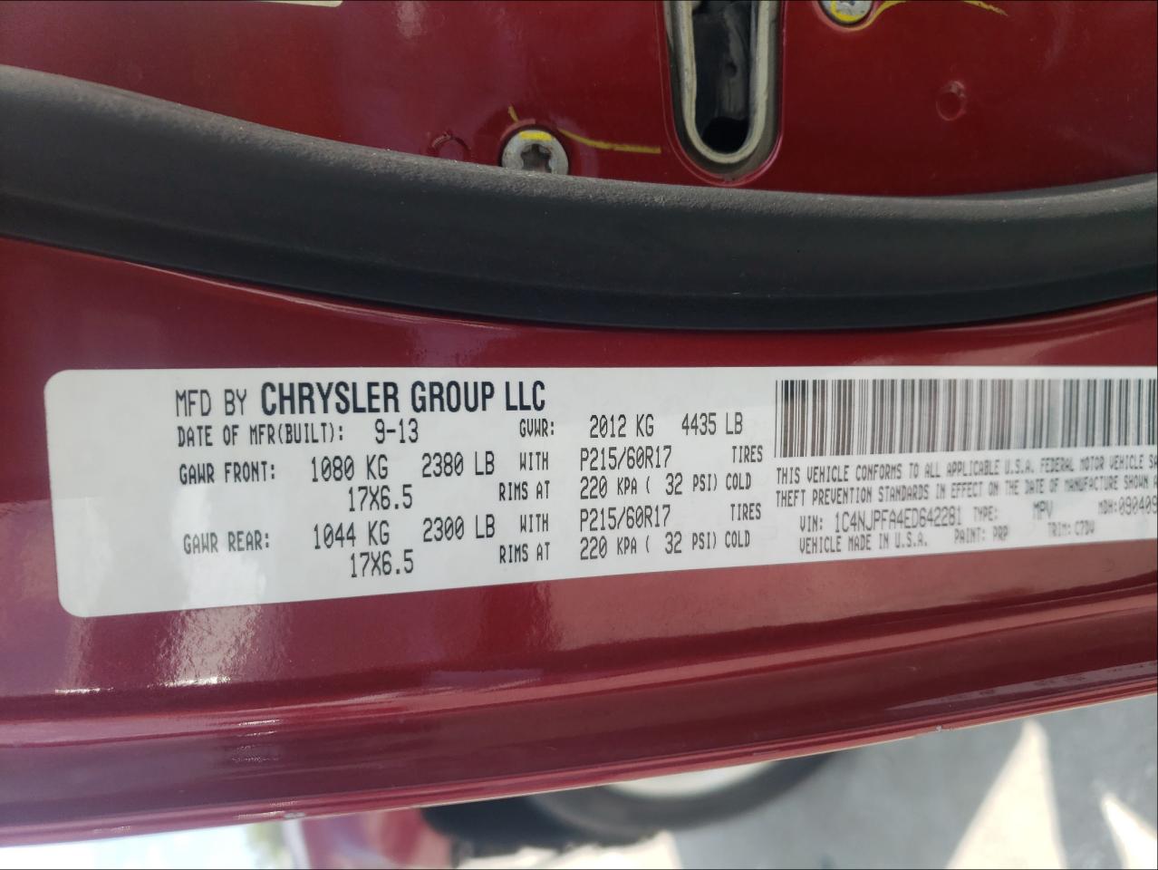 Photo 10 from auction – 2014 JEEP PATRIOT LA with VIN 1C4NJPFA4ED642281