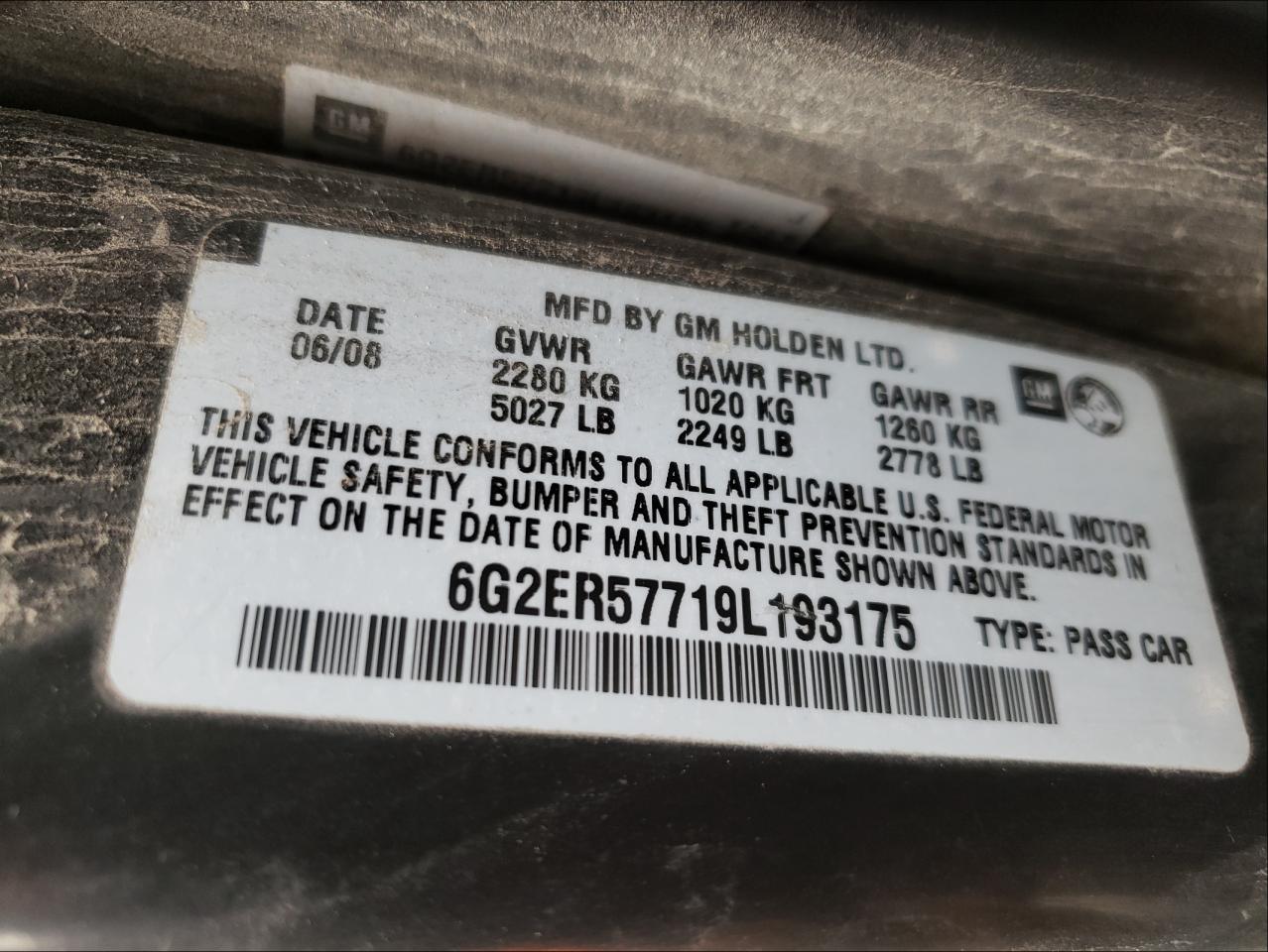 Photo 10 from auction – 2009 PONTIAC G8 with VIN 6G2ER57719L193175
