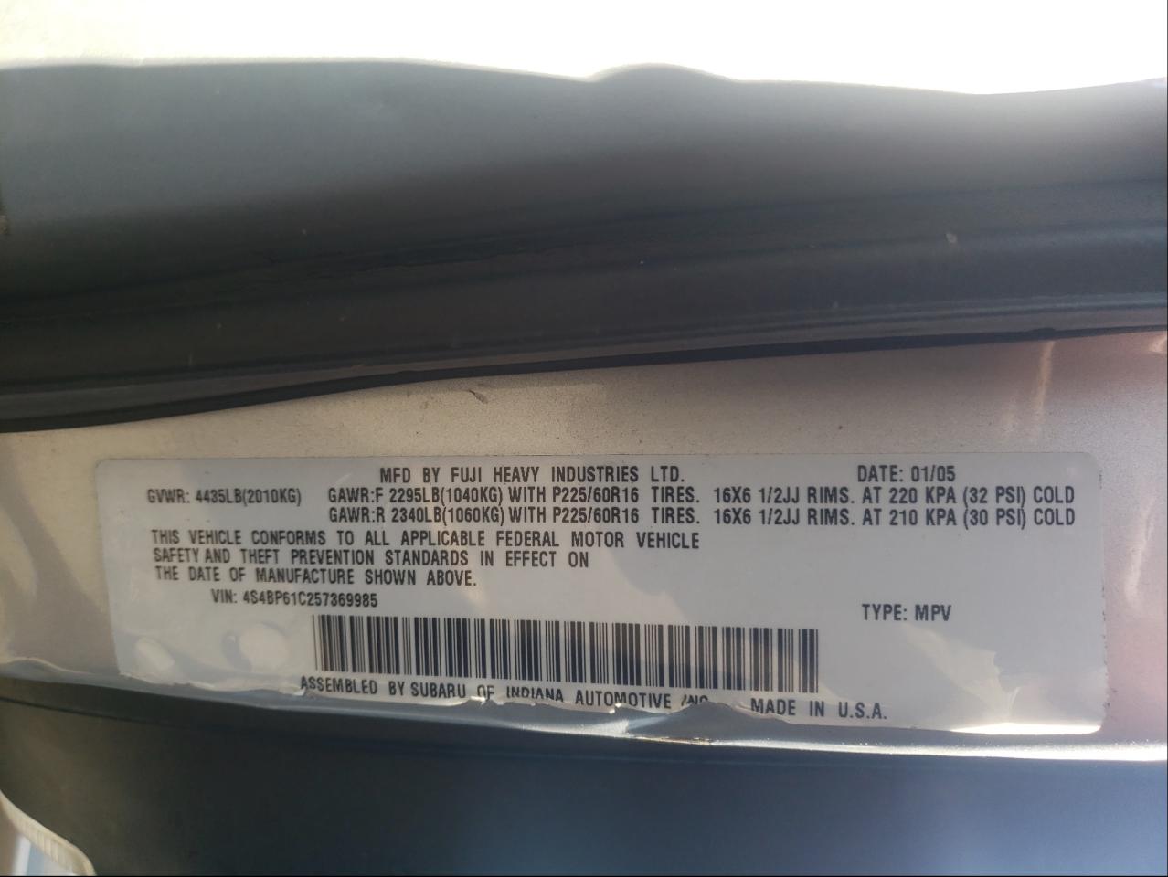 Photo 10 from auction – 2005 SUBARU LEGACY OUT with VIN 4S4BP61C257369985