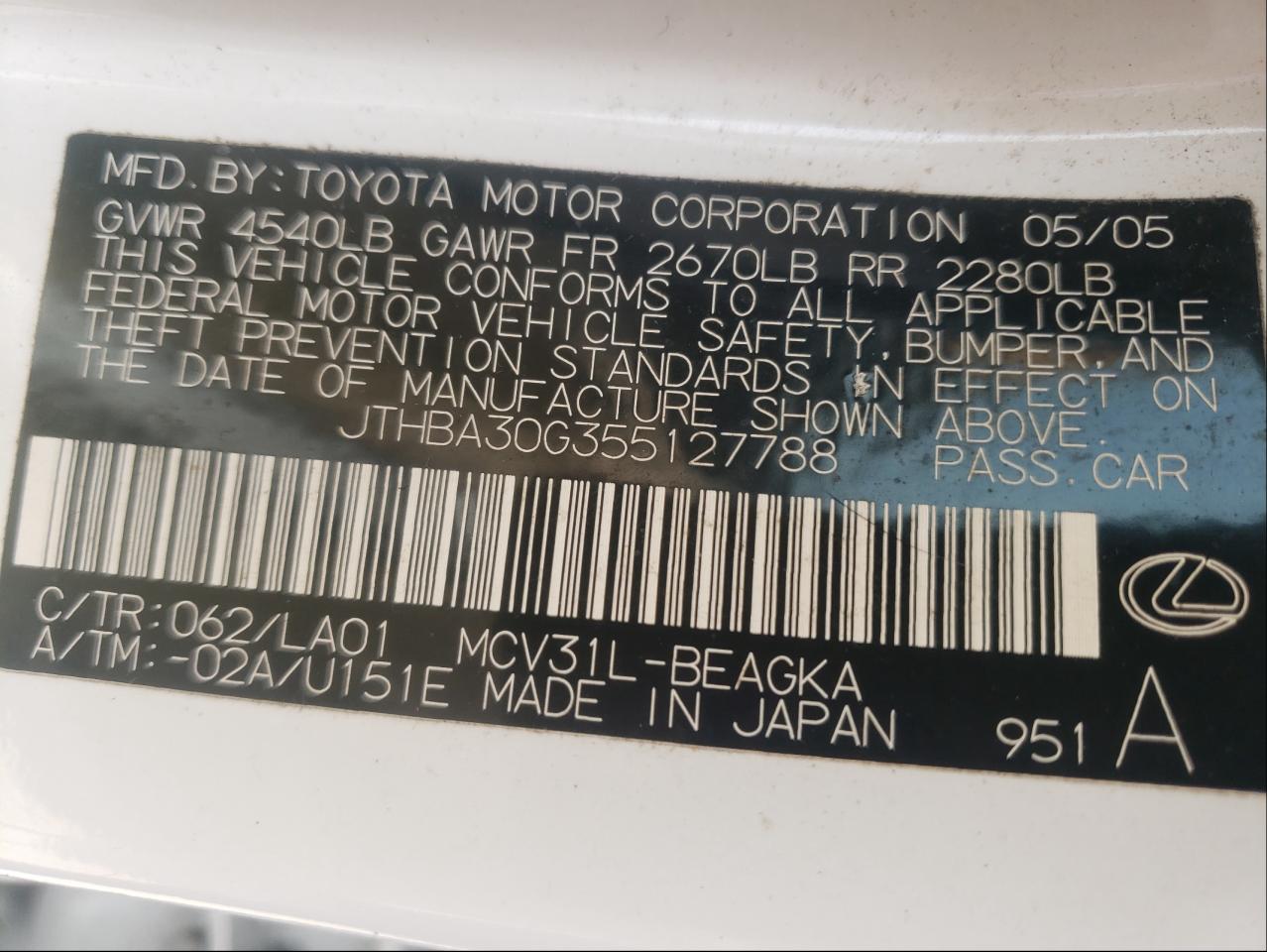 Photo 10 from auction – 2005 LEXUS ES 330 with VIN JTHBA30G355127788