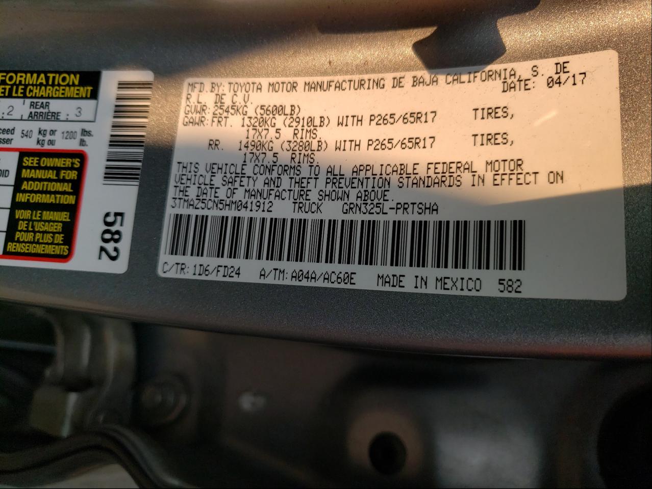 Photo 10 from auction – 2017 TOYOTA TACOMA DOU with VIN 3TMAZ5CN5HM041912