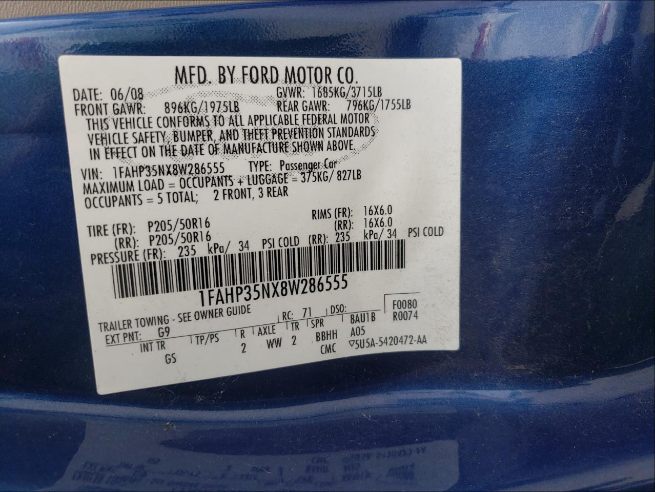 Photo 10 from auction – 2008 FORD FOCUS SE with VIN 1FAHP35NX8W286555