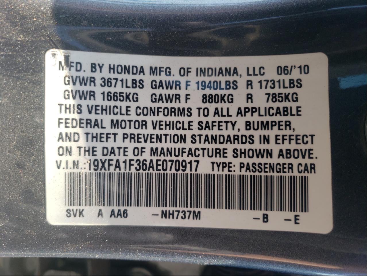 Photo 10 from auction – 2010 HONDA CIVIC VP with VIN 19XFA1F36AE070917
