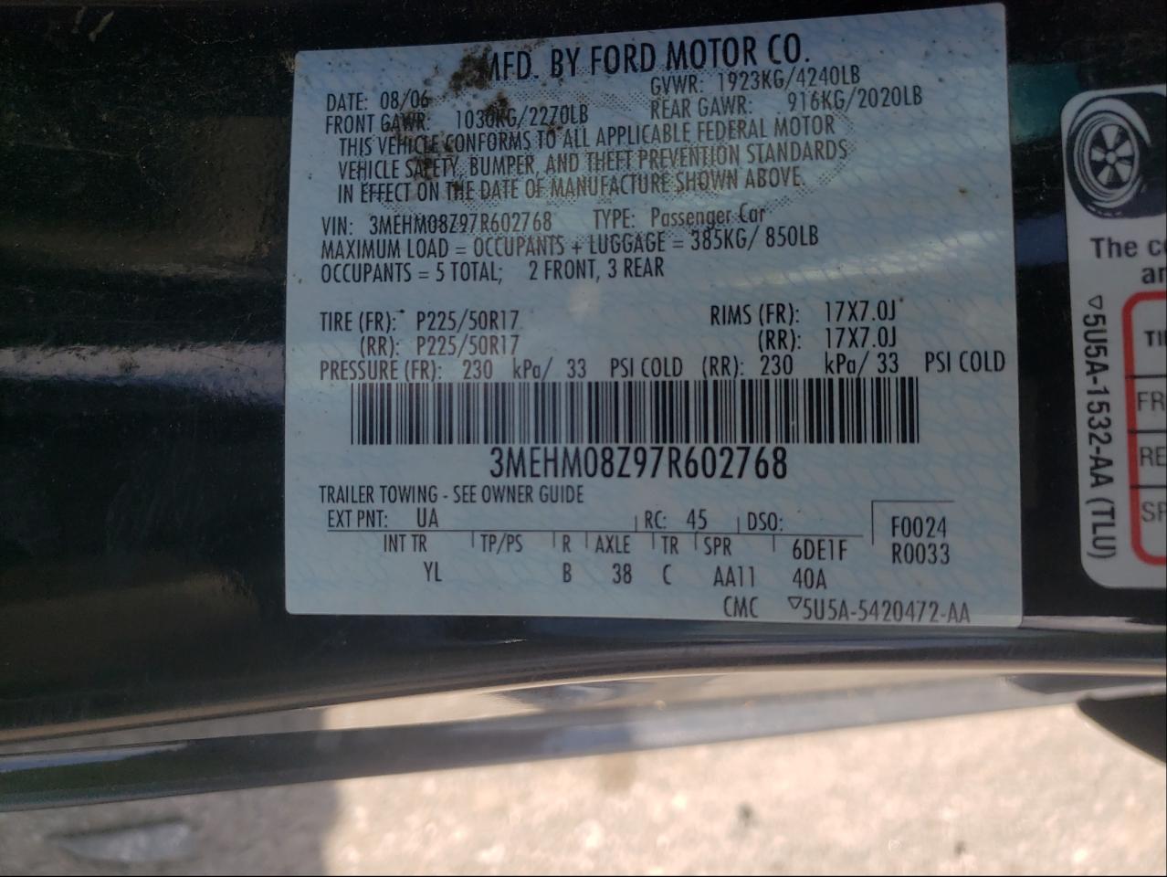 Photo 10 from auction – 2007 MERCURY MILAN PREM with VIN 3MEHM08Z97R602768