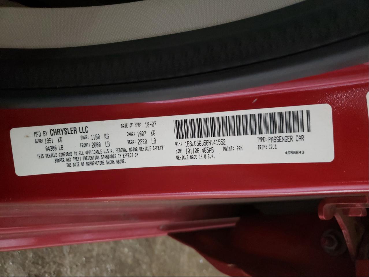 Photo 10 from auction – 2008 DODGE AVENGER with VIN 1B3LC56J58N141552