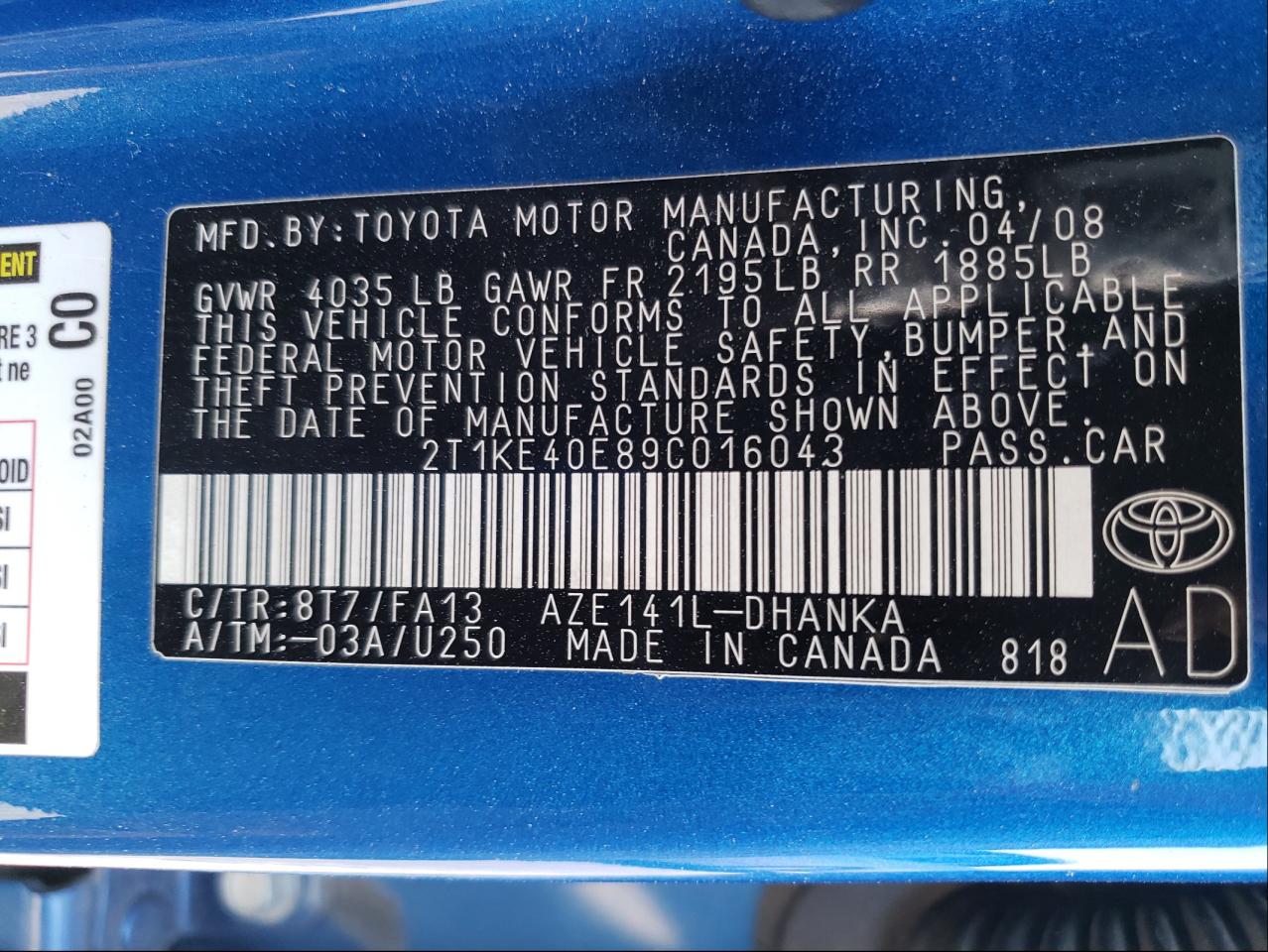 Photo 10 from auction – 2009 TOYOTA COROLLA MA with VIN 2T1KE40E89C016043