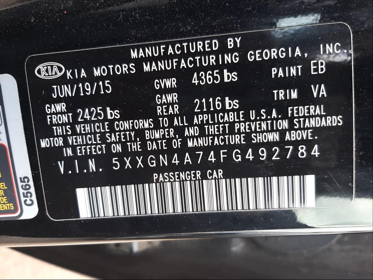 Photo 10 from auction – 2015 KIA OPTIMA EX with VIN 5XXGN4A74FG492784