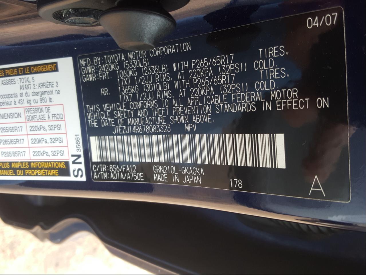 Photo 10 from auction – 2007 TOYOTA 4RUNNER SR with VIN JTEZU14R678083323