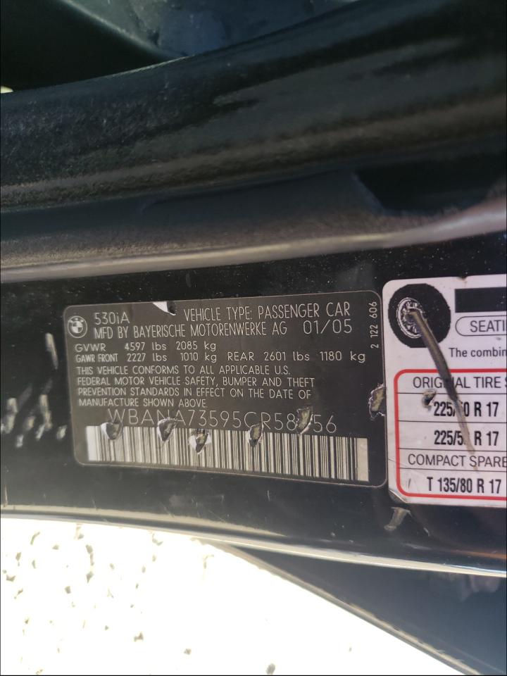 Photo 10 from auction – 2005 BMW 530 I with VIN WBANA73595CR58656