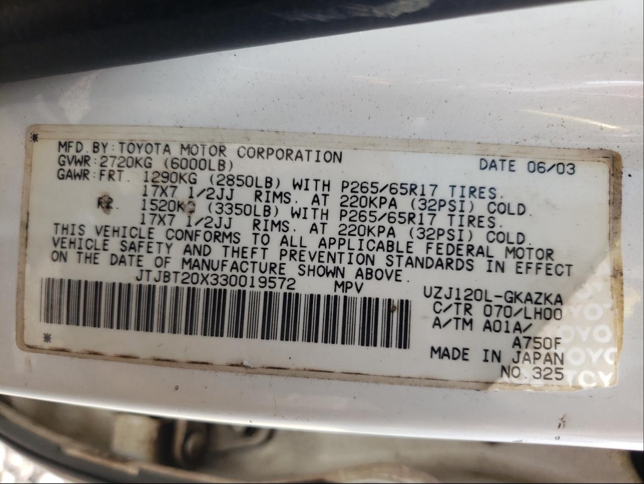 Photo 10 from auction – 2003 LEXUS GX 470 with VIN JTJBT20X330019572