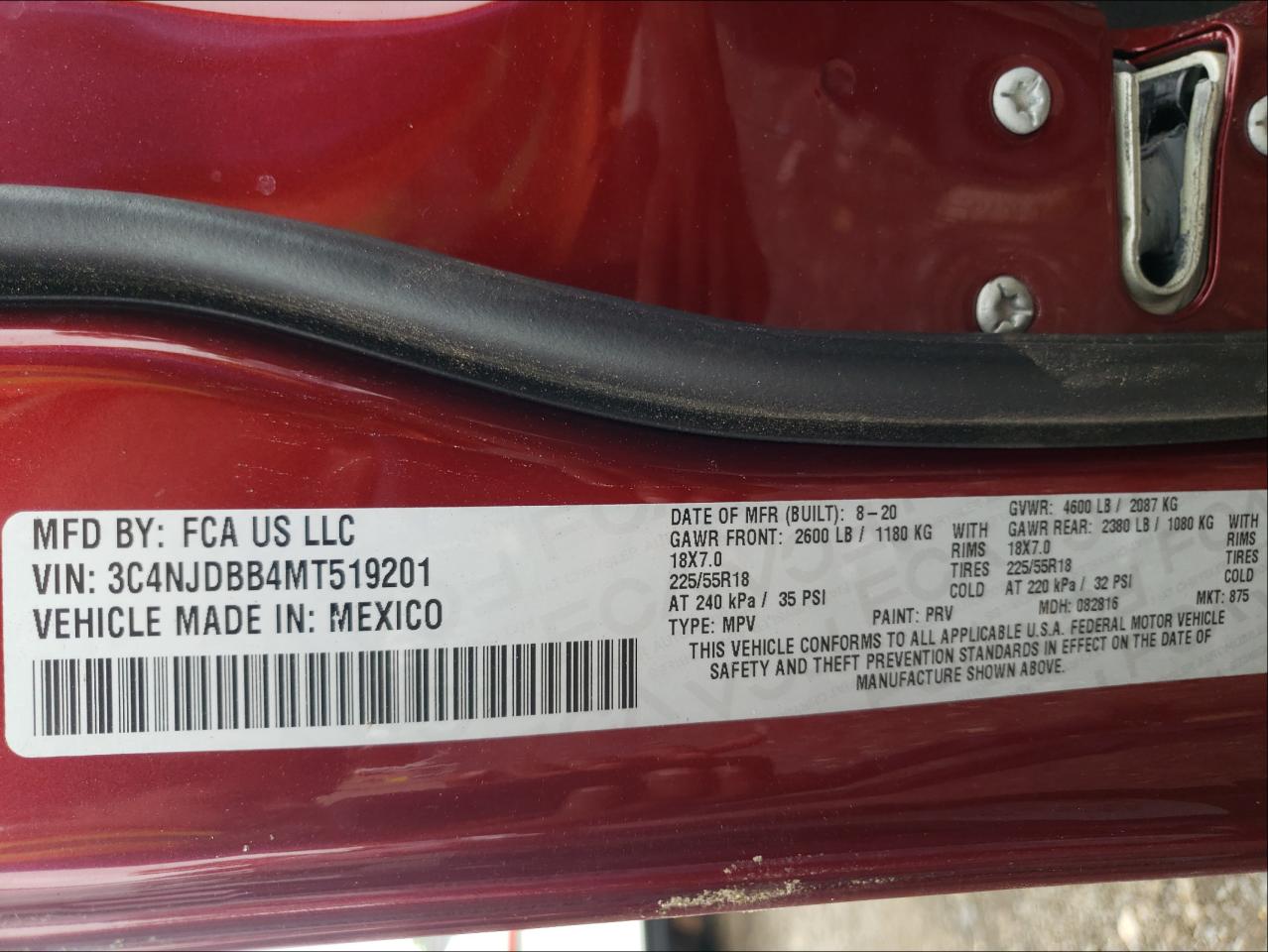 Photo 10 from auction – 2021 JEEP COMPASS LA with VIN 3C4NJDBB4MT519201
