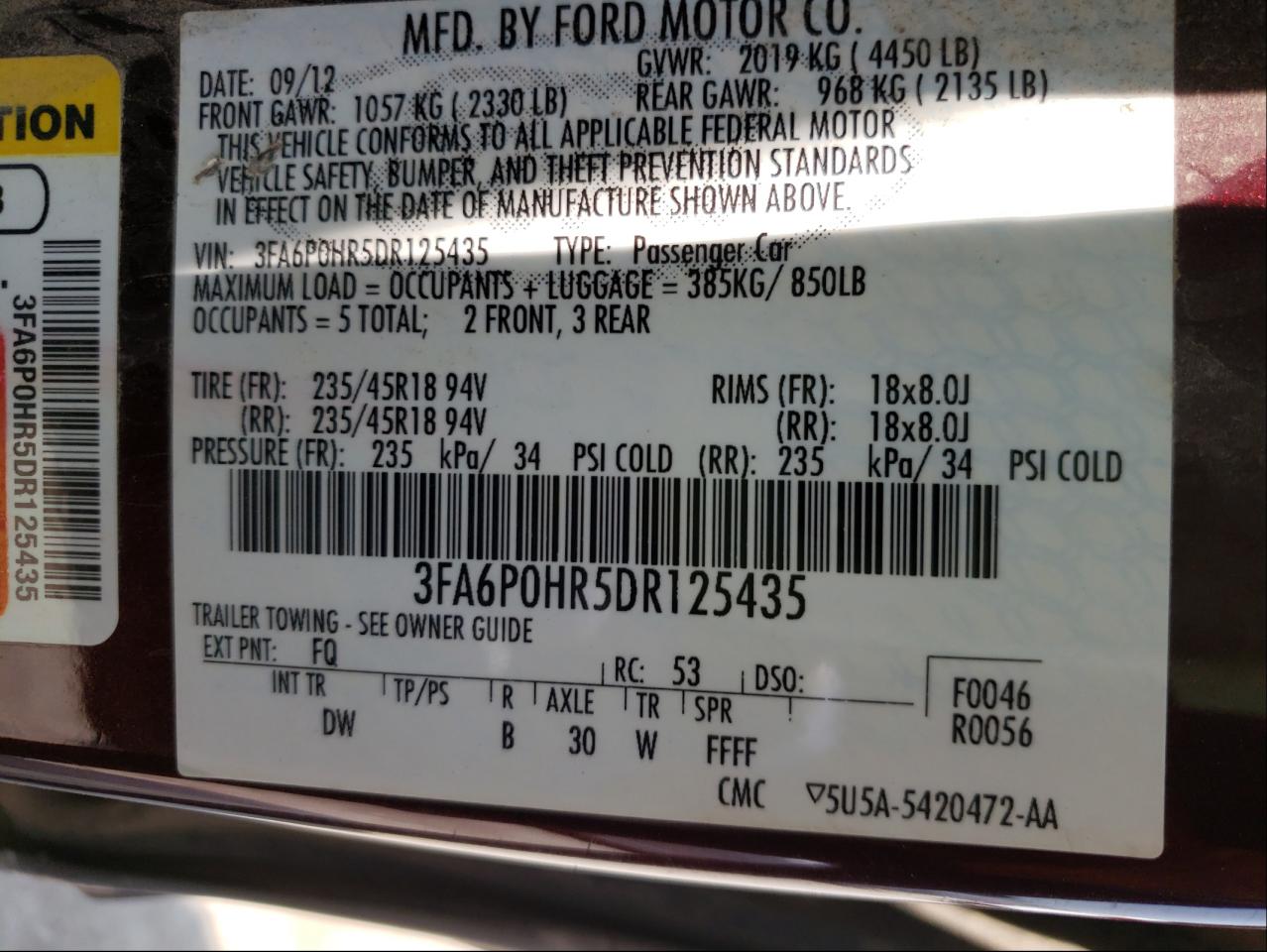 Photo 10 from auction – 2013 FORD FUSION SE with VIN 3FA6P0HR5DR125435